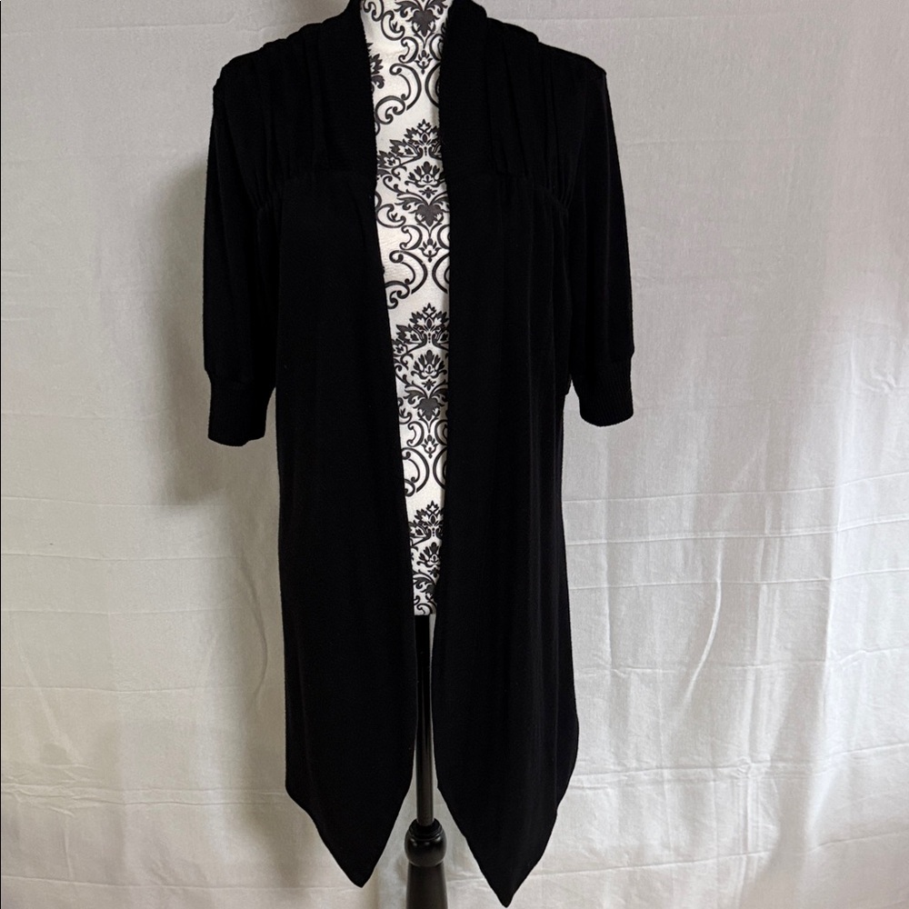 Alice + Olivia Wool Black Long Open-Front Cardigan with snaps for a wrap look